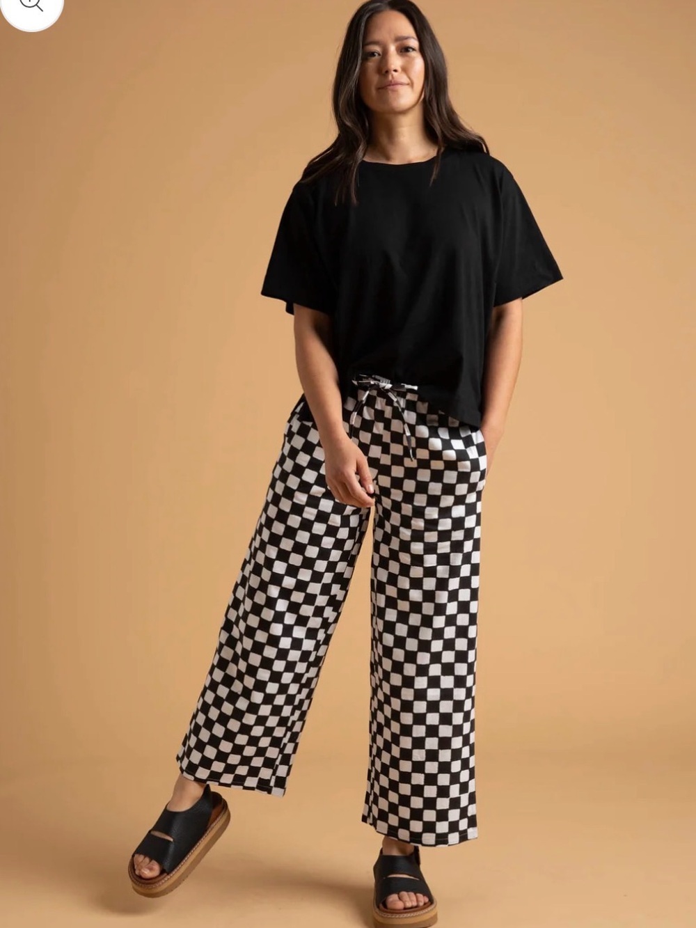 Checkerboard Wide Leg Drawstring Pants - Black & White